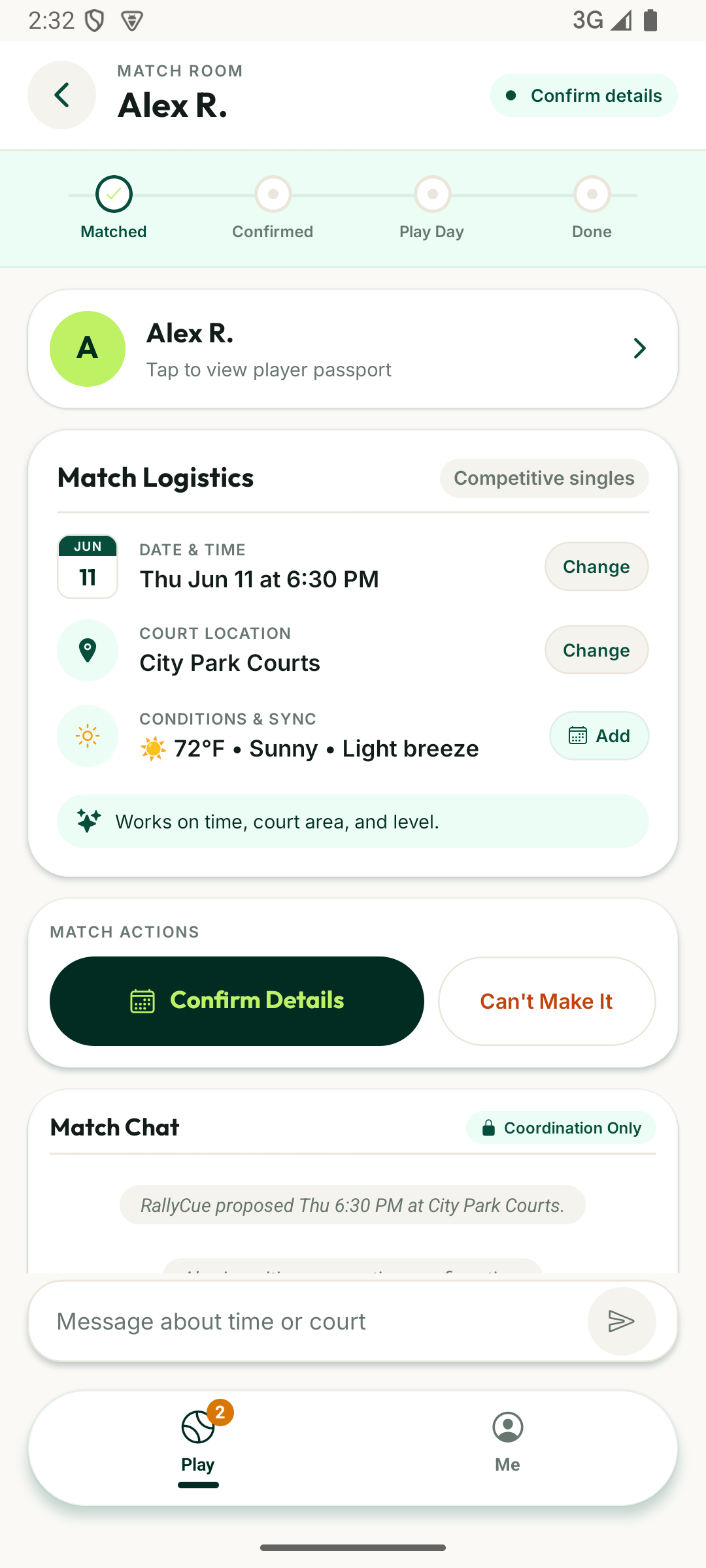 RallyCue Match Room Screenshot